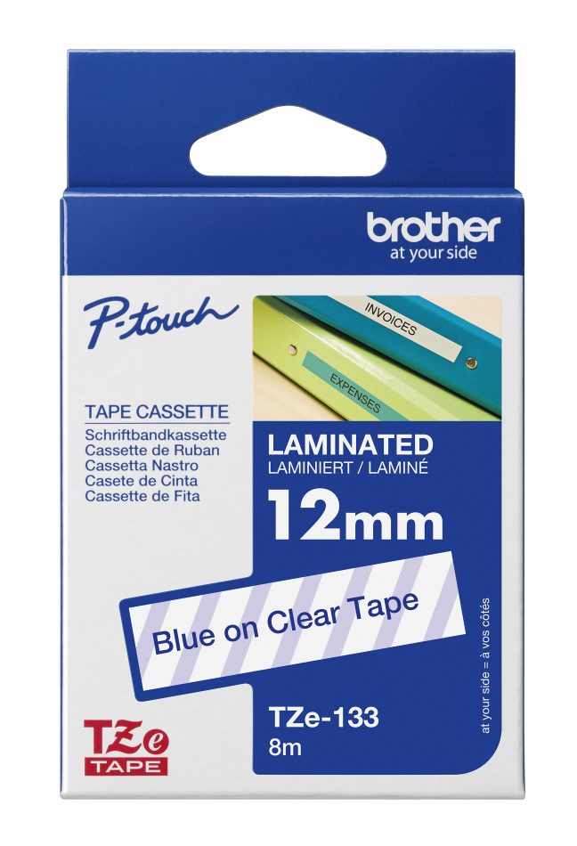 TZe-133 uzlīmju lente zils uz caurspīdīga 12mm