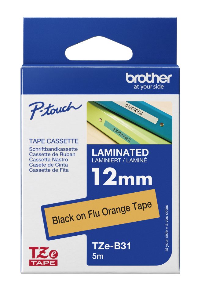TZe-B31 uzlīmju lente melns uz spilgti oranža 12mm x 5metri