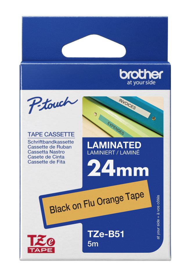 TZe-B51 uzlīmju lente melns uz spilgti oranža 24mm x 5metri