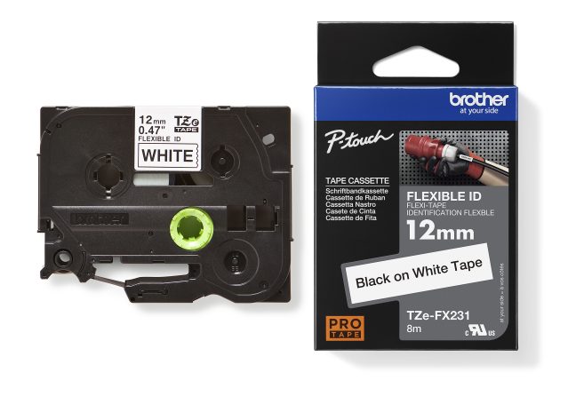 TZe-FX231 uzl.lente Flexible melns uz balta, 12mm