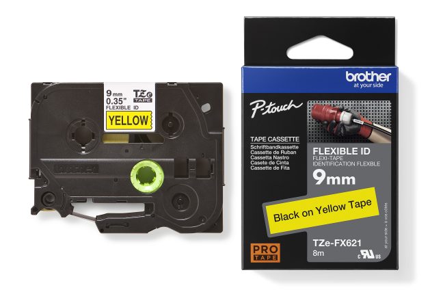TZe-FX621 uzl.lente Flexible melns uz dzeltena, 9mm