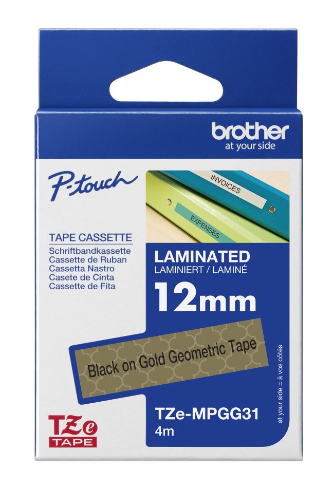 TZe-MPGG31 dekor.uzlīmju lente, MELNS uz ZELTA ORNAM, 12mm x 4metri