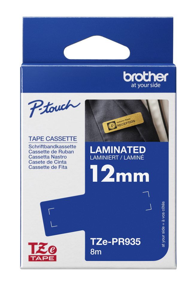 TZe-PR935 uzlīmju lente balts uz premium sudraba 12mm
